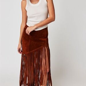 Free People- understated leather western Fringe Skirt-Tan